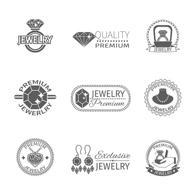 Precious jewels premium quality jewelry and gems label set isolated vector illustration