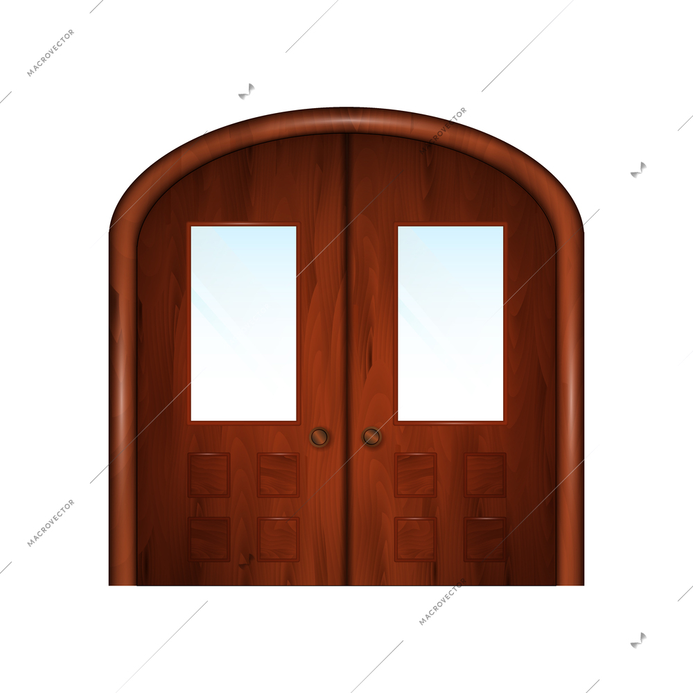 Realistic vintage wooden doors with glasses vector illustration