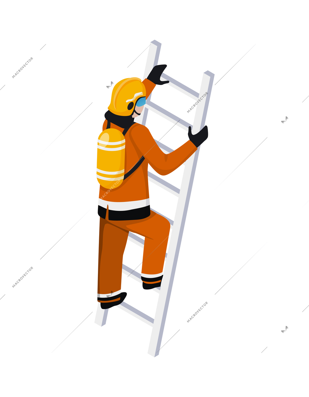 Male rescuer or fireman climbing ladder isometric icon vector illustration