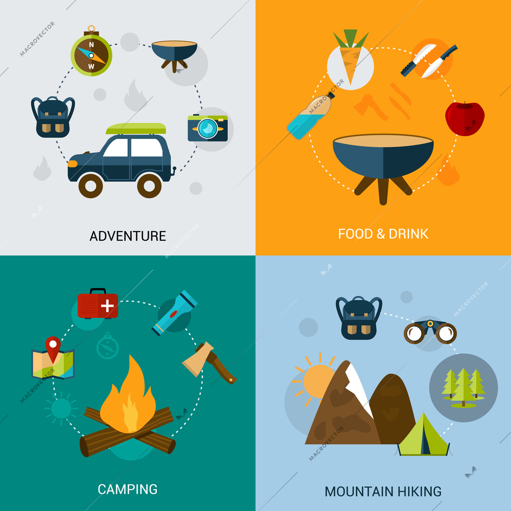 Camping design concept set with adventure food drink mountain hiking flat icons isolated vector illustration