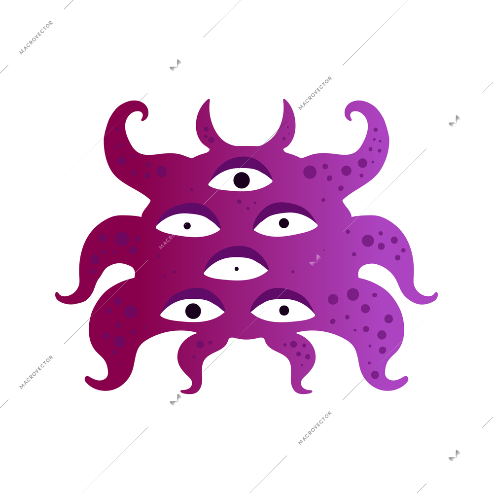 Flat scary funny purple monster with six eyes vector illustration