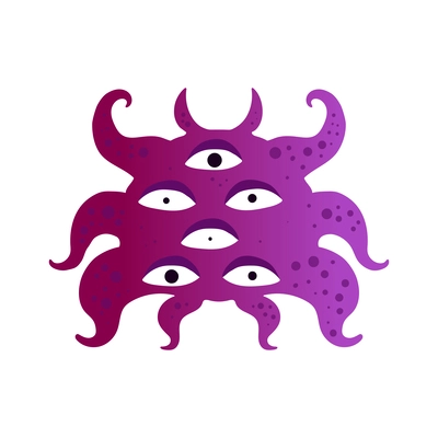 Flat scary funny purple monster with six eyes vector illustration