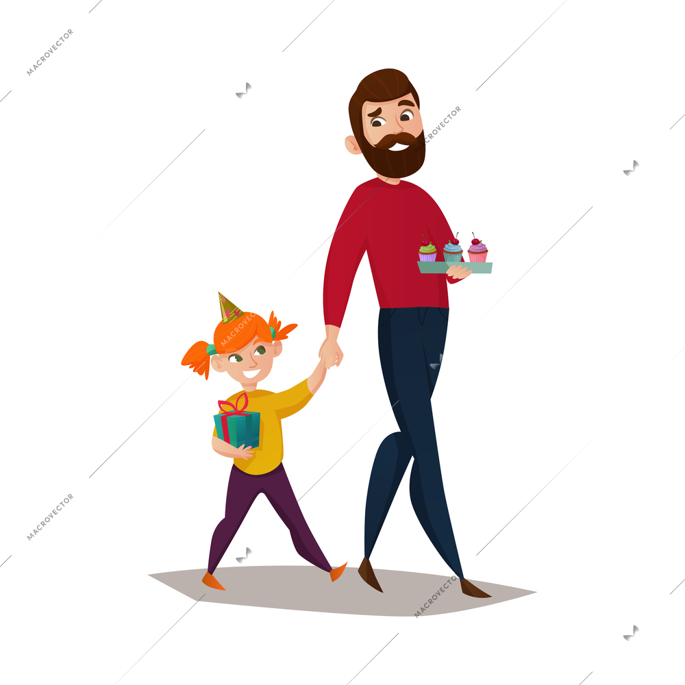 Fatherhood flat concept with dad buying gifts and cakes for little daughter vector illustration