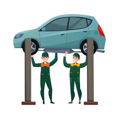 Two smiling car service workers fixing automobile flat vector illustration