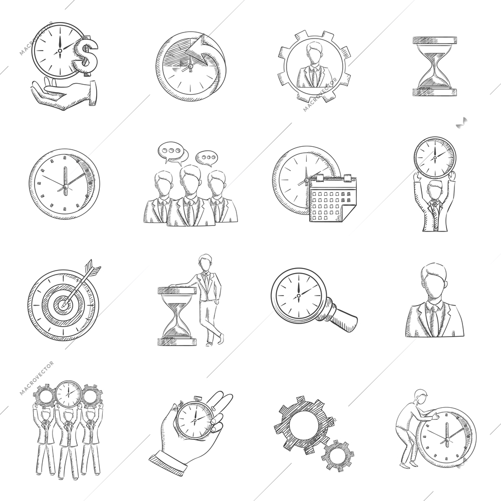 Time management sketch icons set with personal efficiency symbols isolated vector illustration