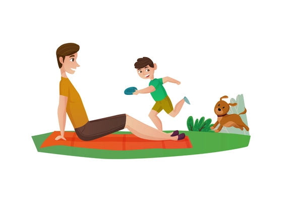 Fatherhood flat concept with young dad and son playing with dog in park vector illustration