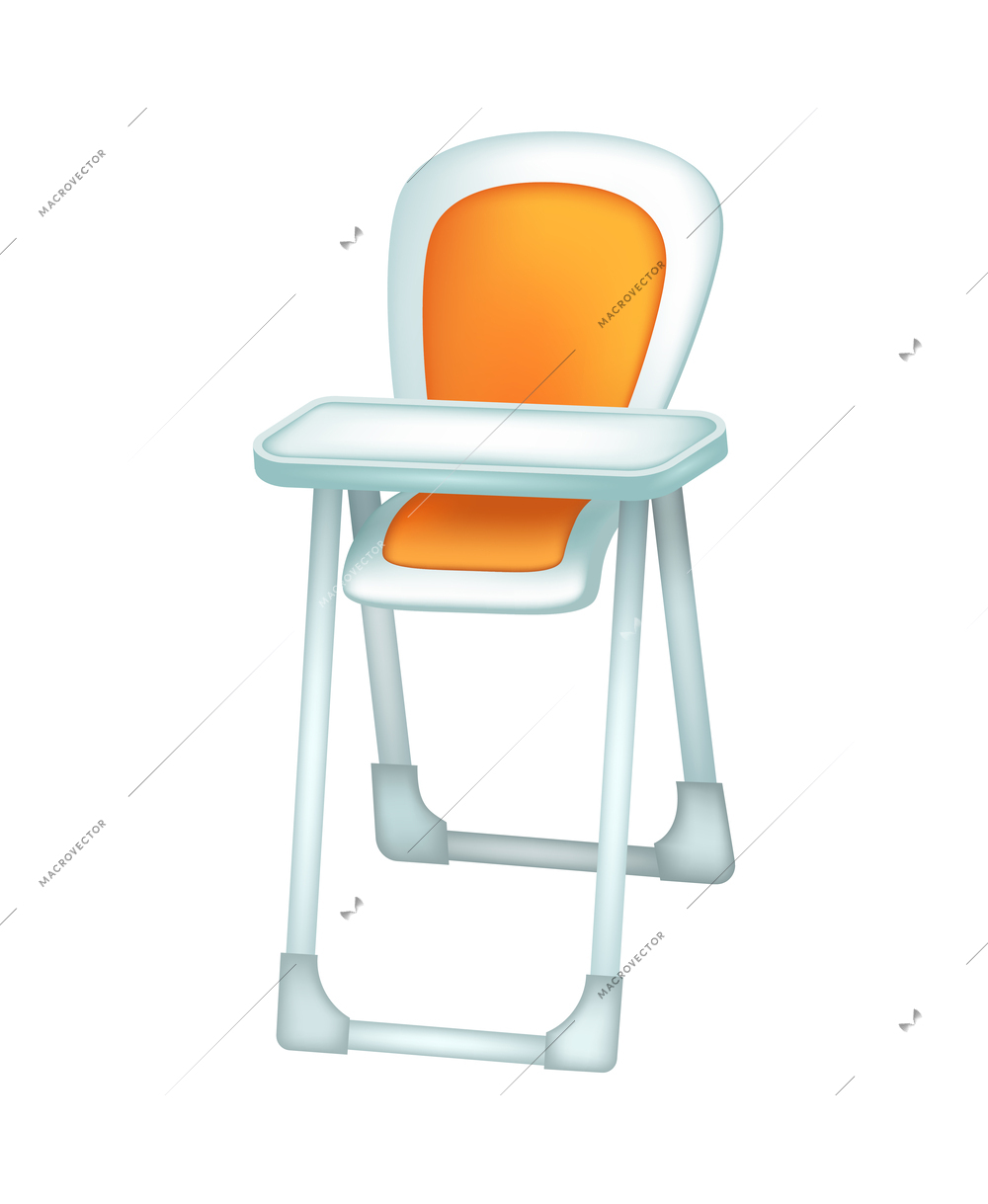 Realistic white and orange high chair for baby feeding vector illustration