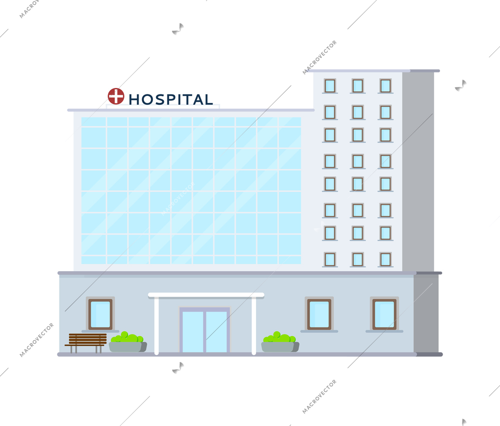 Flat modern multistorey hospital building front view vector illustration