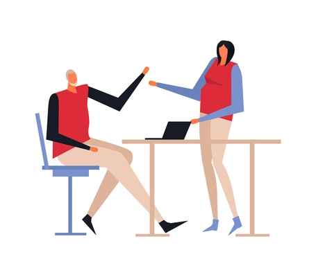 Coworking office flat concept with people talking and working on laptop vector illustration