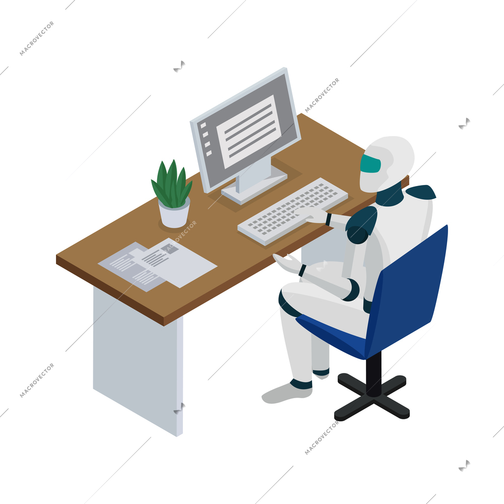 Robot working on computer in office artificial intelligence isometric icon vector illustration