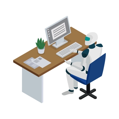 Robot working on computer in office artificial intelligence isometric icon vector illustration