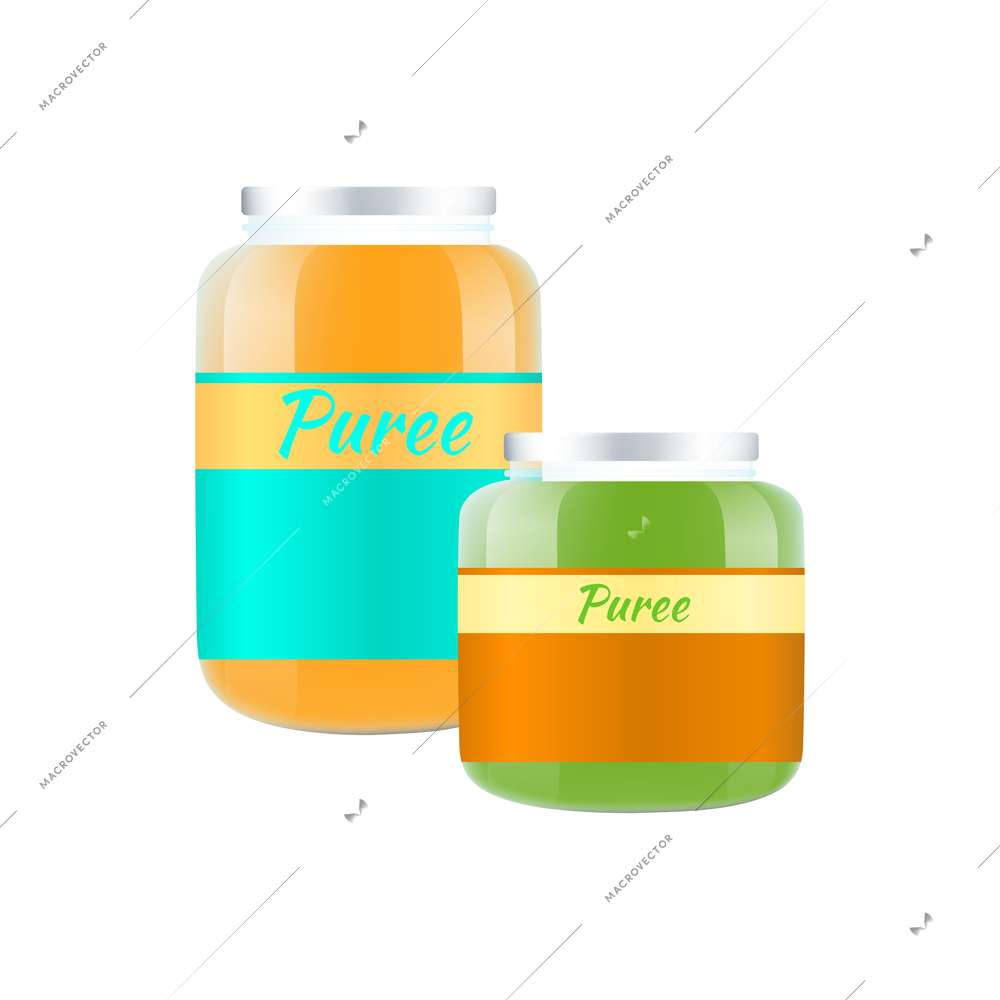 Baby food realistic icon with two jars of puree vector illustration