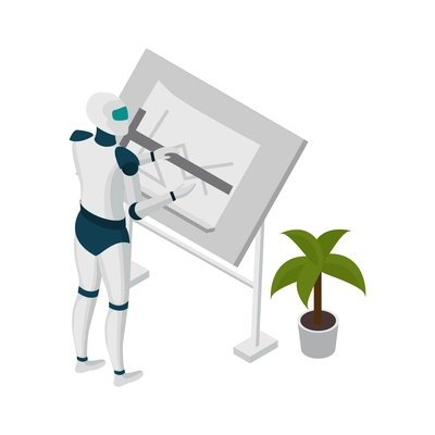 Creative robot working on designer or architectural project artificial intelligence isometric icon vector illustration