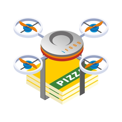 Isometric robotic restaurant industry icon with drone delivering pizza vector illustration