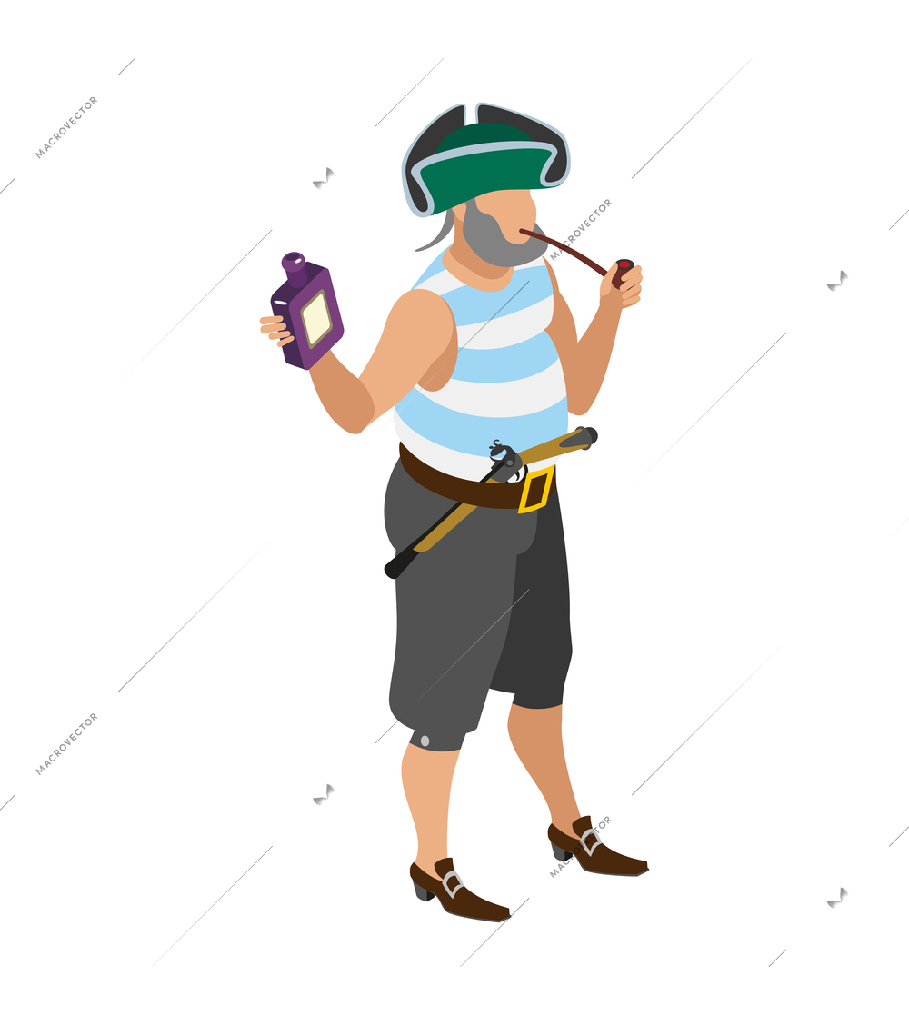 Isometric old pirate character with bottle of rum blunderbass smoking pipe vector illustration