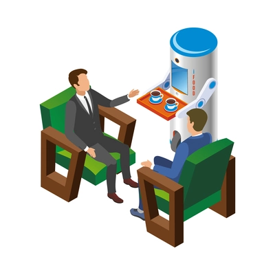 Isometric robotic restaurant isometric icon with robot waiter serving coffee vector illustration