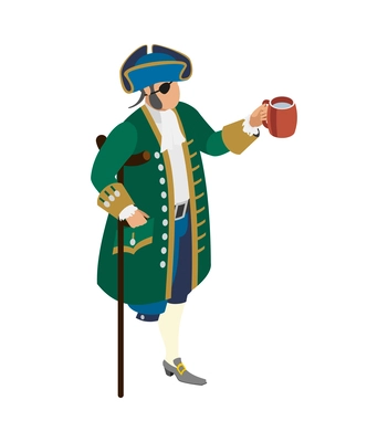 Isometric one legged pirate captain character wearing eye patch 3d vector illustration