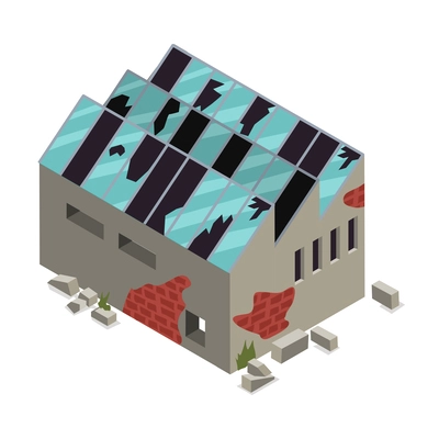 Abandoned ruined industrial building with holes in roof isometric icon 3d vector illustration