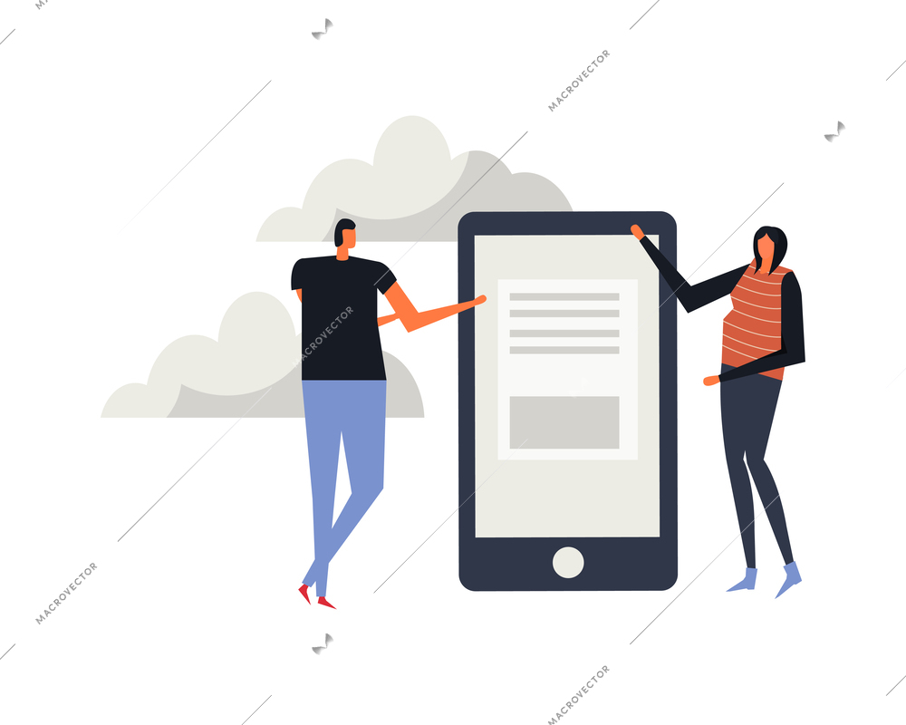 Online education cloud computing flat concept with characters of students and smartphone vector illustration