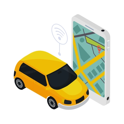 Driveless taxi controlled by satellite navigation autonomous vehicle isometric icon vector illustration