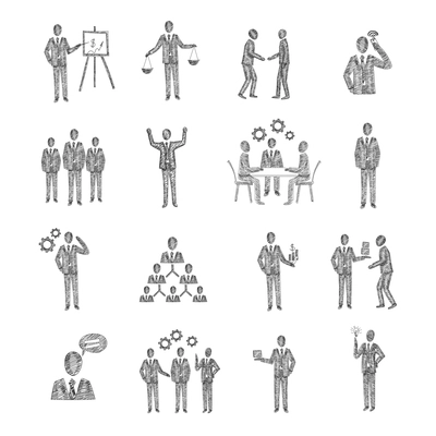 Business people characters team meeting partnership corporate hierarchy icons sketch set isolated vector illustration
