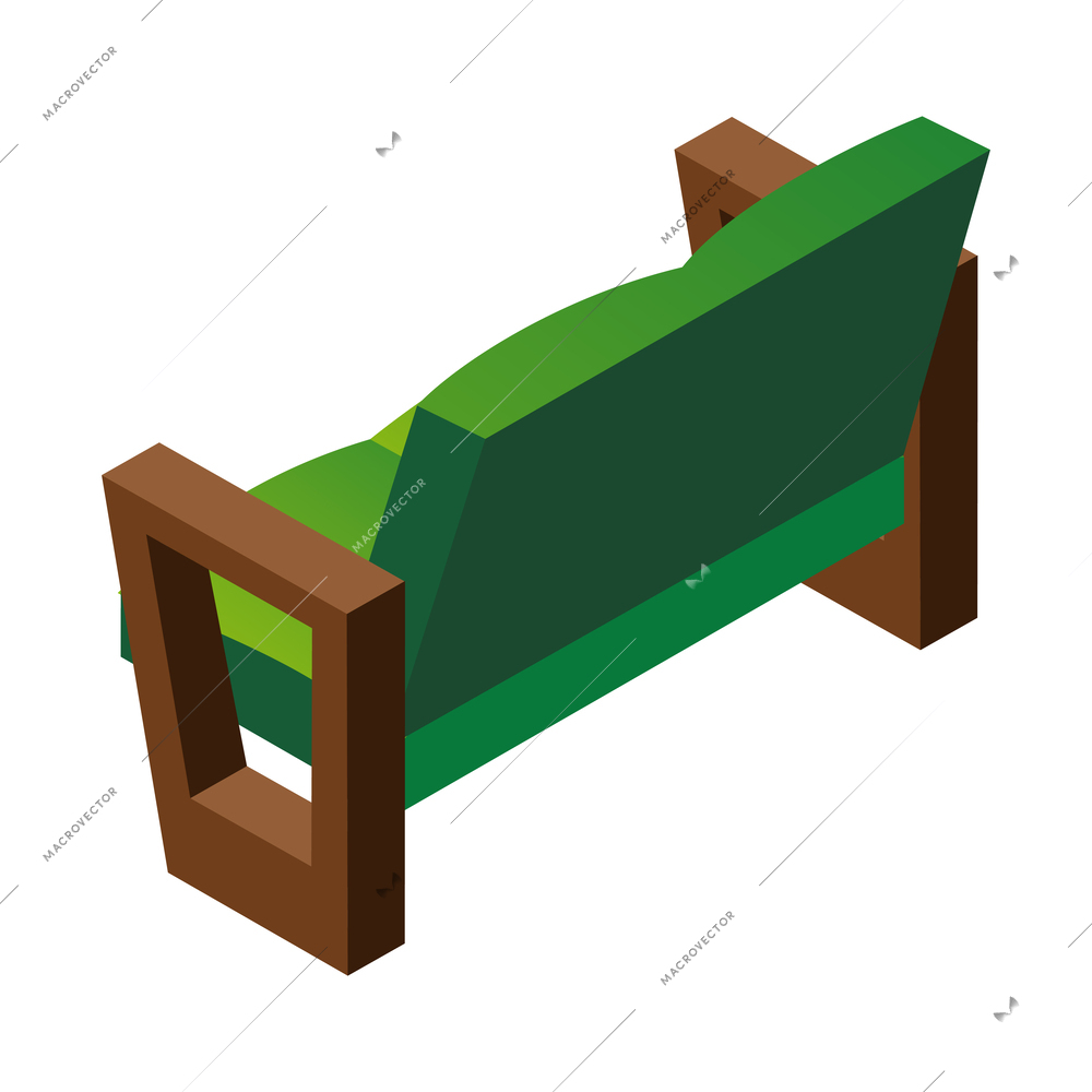 Isometric green soft sofa with wooden legs back view 3d vector illustration