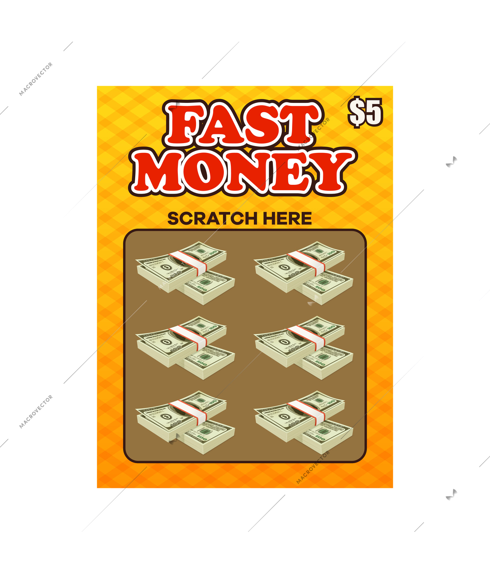 Fast money instant lottery ticket scratch card flat vector illustration