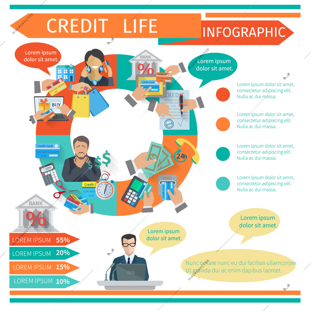 Credit life infographic set with finance symbols and chart vector illustration