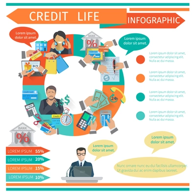 Credit life infographic set with finance symbols and chart vector illustration