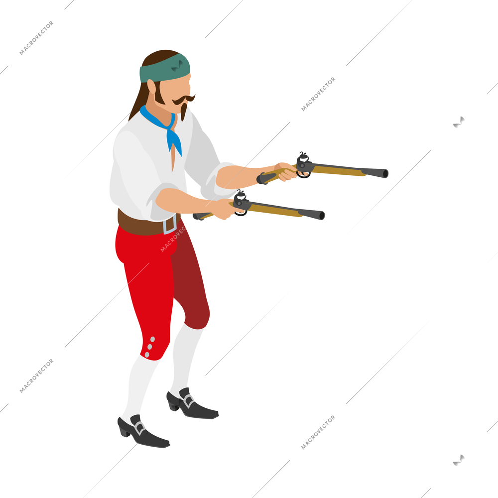 Isometric male pirate holding two blunderbasses vector illustration