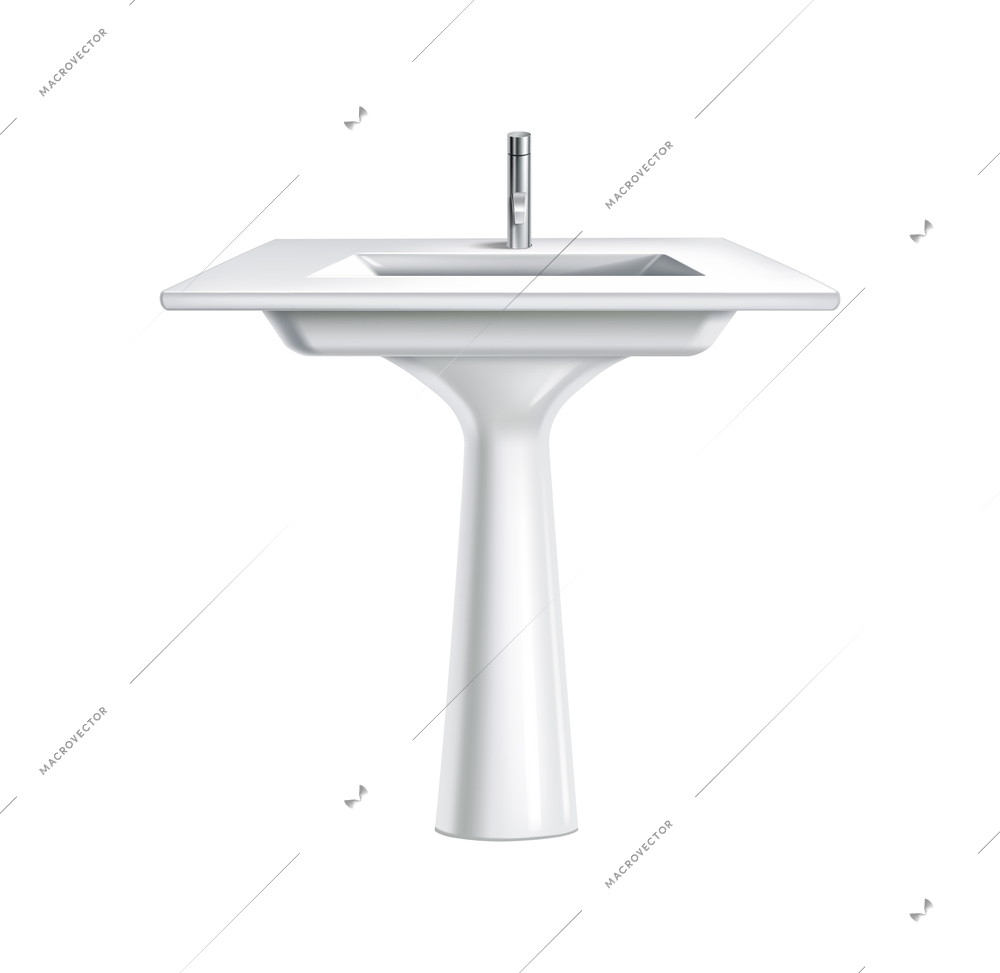 Realistic modern white washbasin with chrome faucet vector illustration