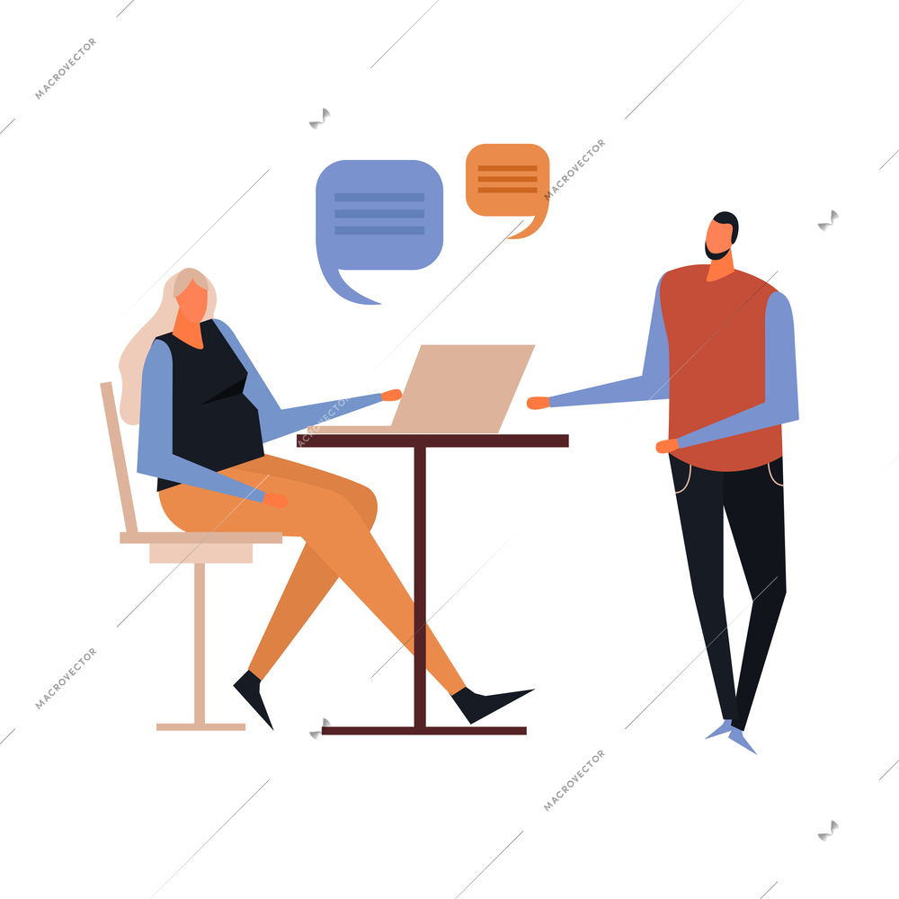 Coworking flat concept with people working together and communicating in office vector illustration