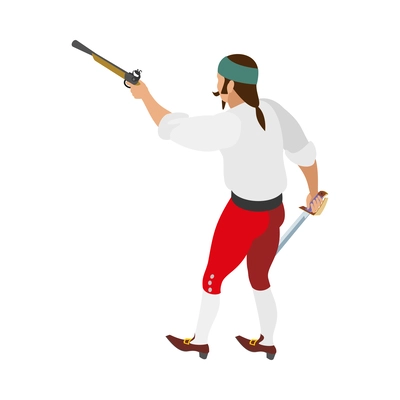 Isometric male pirate character with blunderbass and sword back view vector illustration