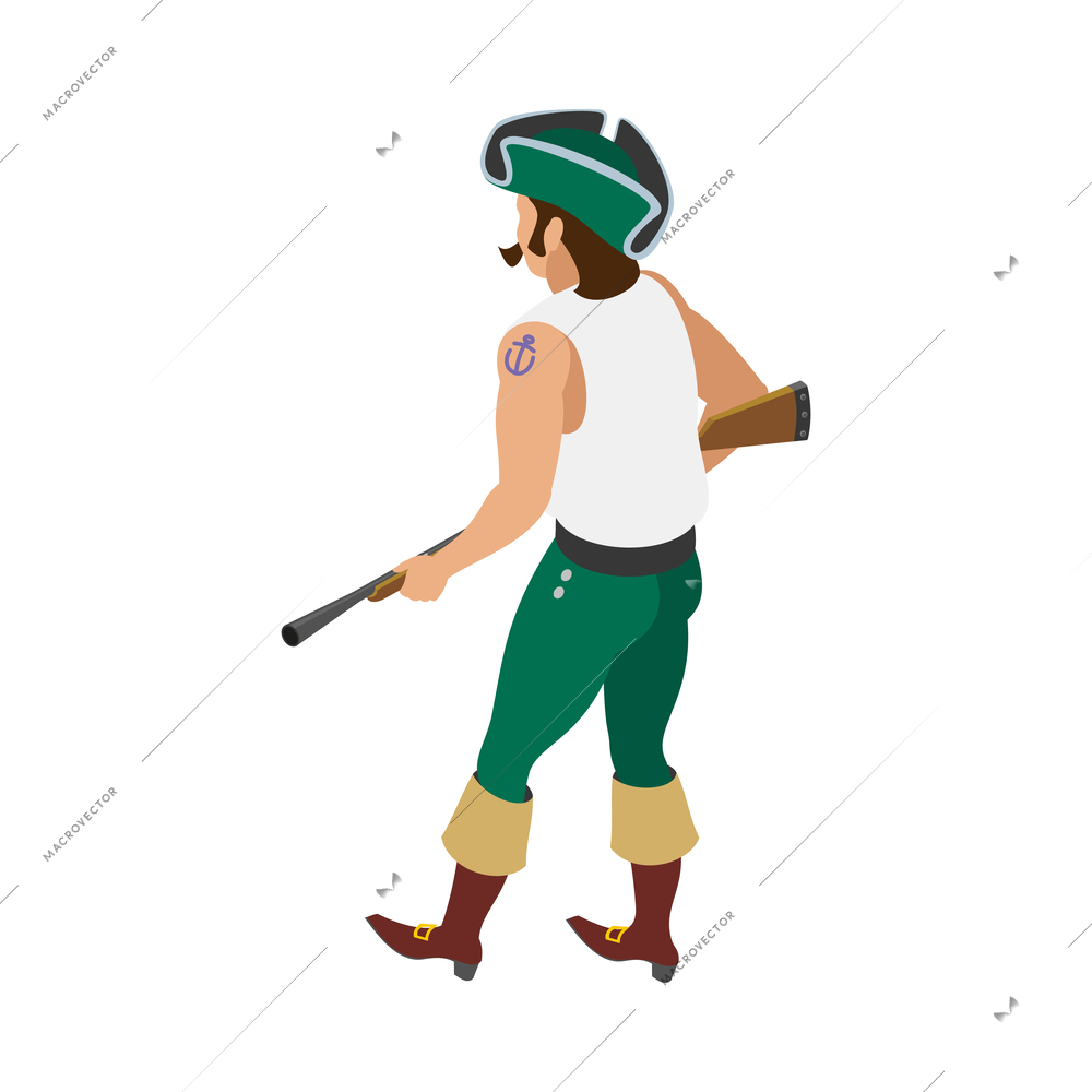 Male pirate with tattoo and hat holding musket back view isometric icon vector illustration