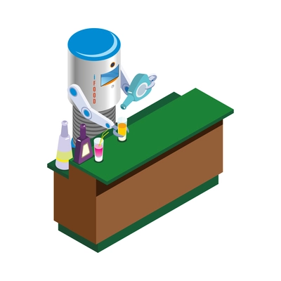 Isometric robotic restaurant industry icon with robot bartender making cocktails vector illustration