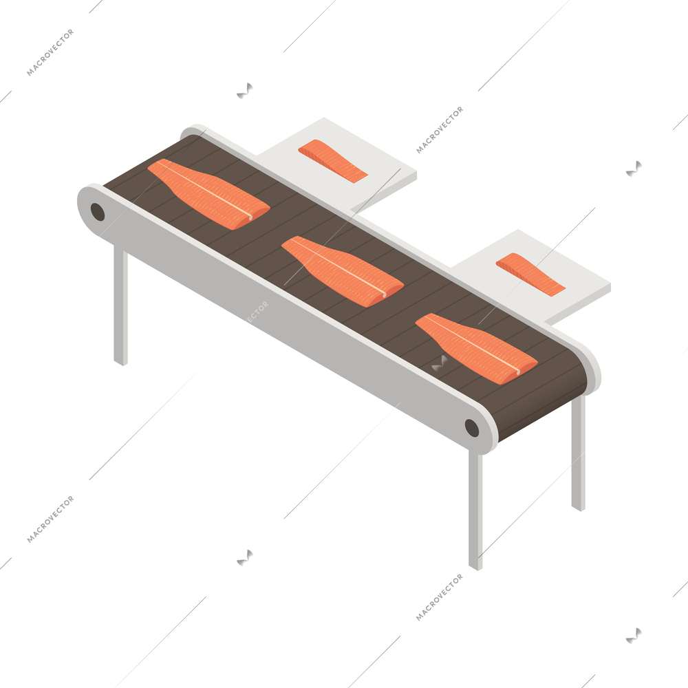 Fish industry seafood production isometric icon with fillets on conveyor line vector illustration