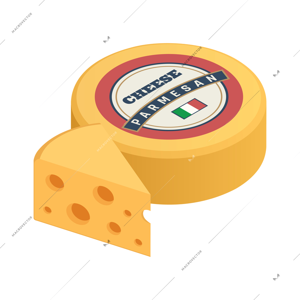 Isometric wheel and piece of italian parmesan cheese icon 3d vector illustration