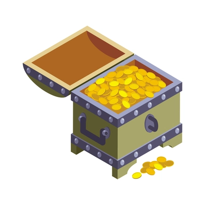 Isometric old treasure chest full of golden coins 3d vector illustration