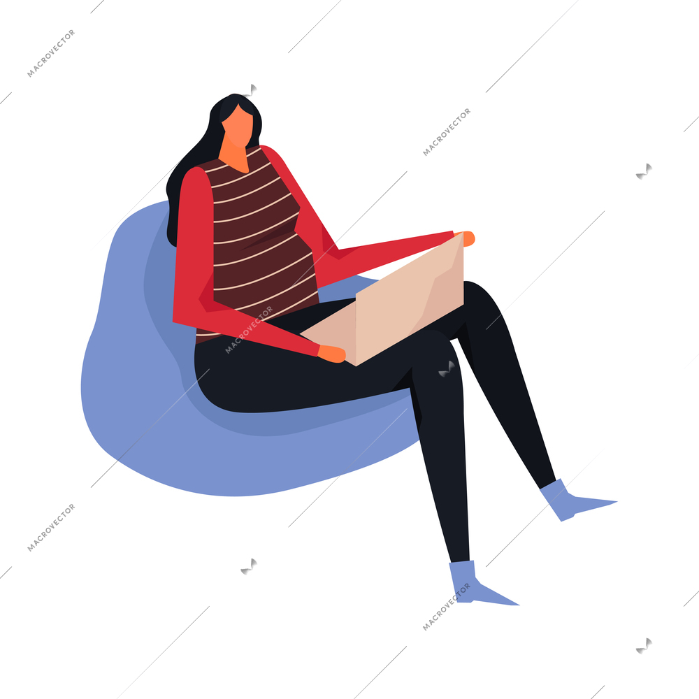 Female worker sitting with laptop in armchair in modern office flat vector illustration