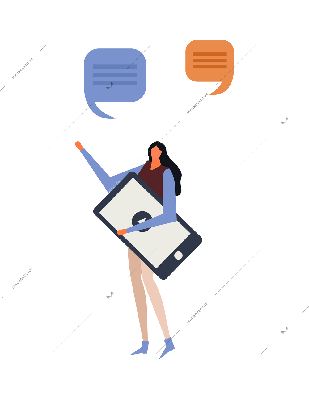 Online education flat concept with speech bubbles and woman watching webinar on smartphone vector illustration