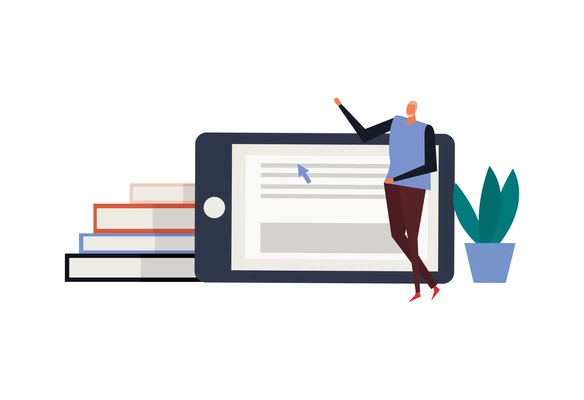Online education flat concept with stack of books and person using electronic device to study vector illustration