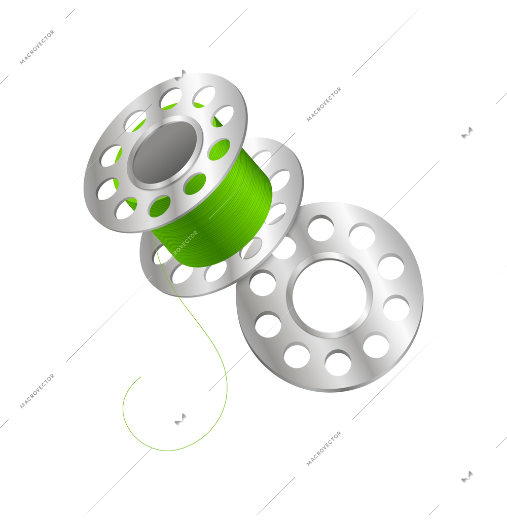 Realistic sewing machine bobbin with green thread vector illustration