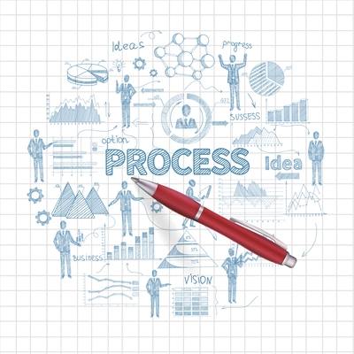 Business process concept with sketch people on squared paper background and realistic pen vector illustration