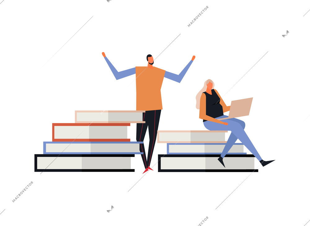 Online education flat concept with stacks of books and characters of students vector illustration