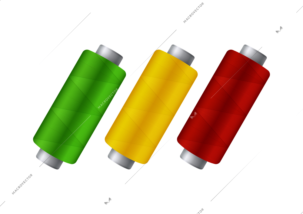 Green yellow and read thread spools realistic isolated vector illustration