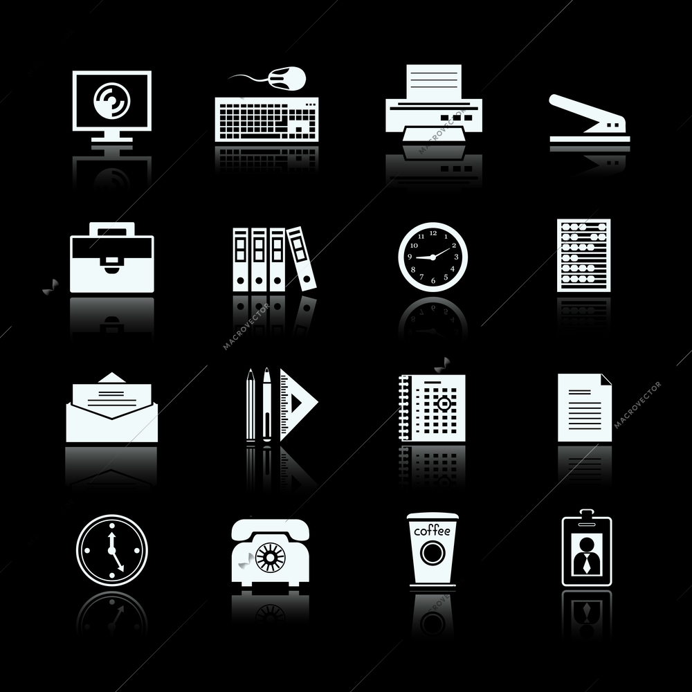 Business office supplies pictograms set of folders files documents and stapler vector illustration