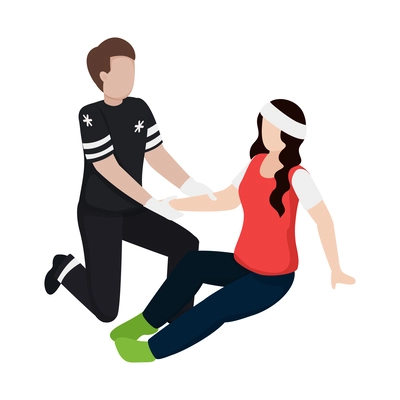 Male paramedic helping injured woman after accident isometric icon vector illustration