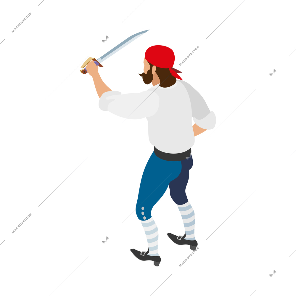 Male pirate with sword isometric icon back view vector illustration