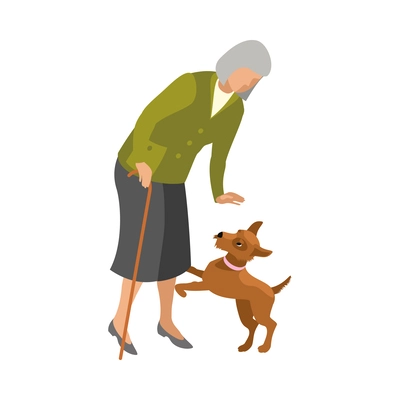 Senior woman with her little dog isometric icon vector illustration