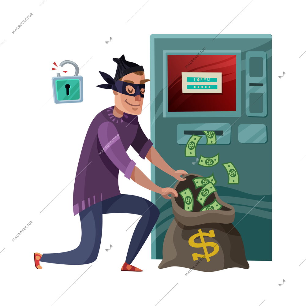 Internet security flat concept with hacker stealing money from atm vector illustration